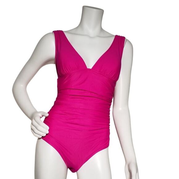 J Crew Womens Ruched V Neck One Piece Size 12 Low Cut Leg High Rise Back Pink - Picture 1 of 7